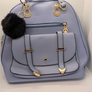 Blue Mini Backpack Faux Leather Gold Hardware Black Pom Pom Cute Trendy